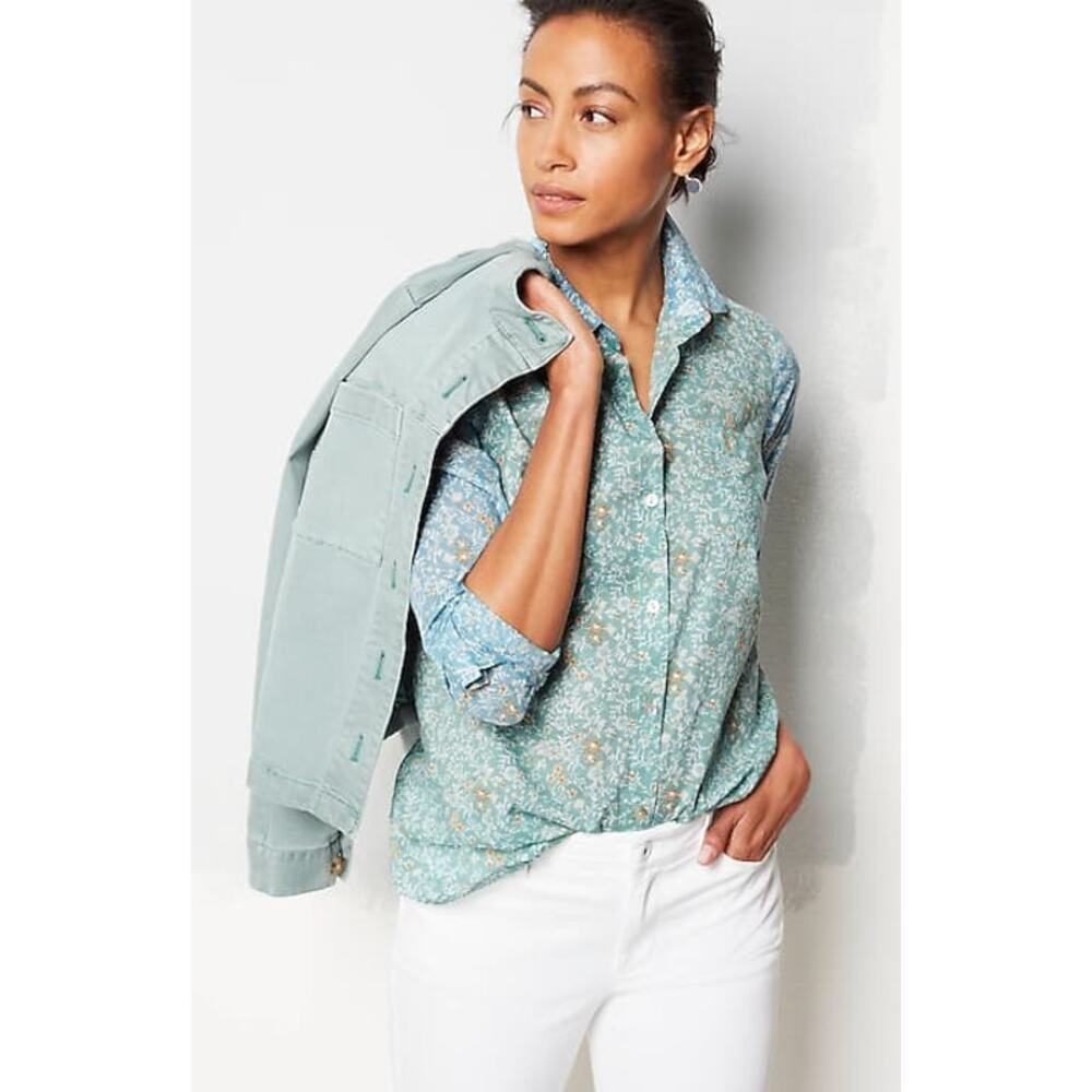 1 pocket shirred back button up floral 2 toned long sleeve cottagecore M j jill